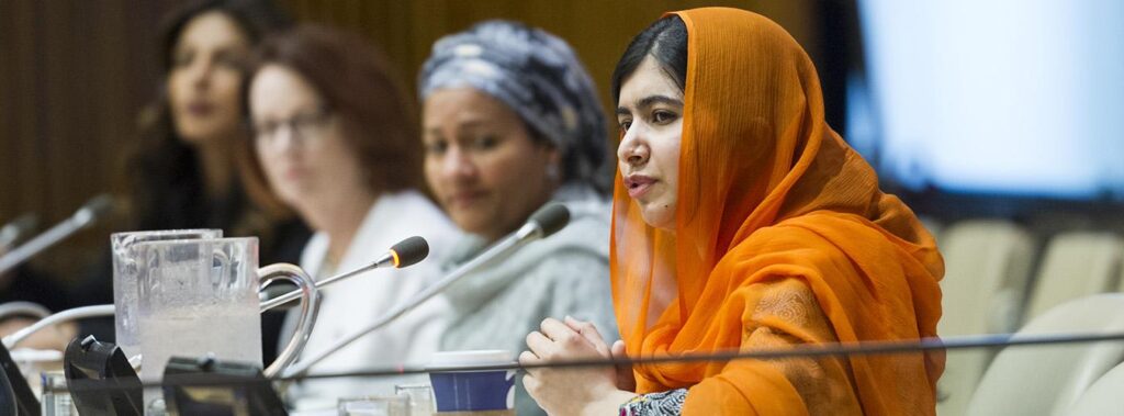 Malala Yousafzai, Nobel Prize laureate and UN Messenger of Peace with a special focus on girls’ education speaks at the UN during a high-level event "Financing the Future: Education 2030." Source: UN Photo/Rick Bajornas. 